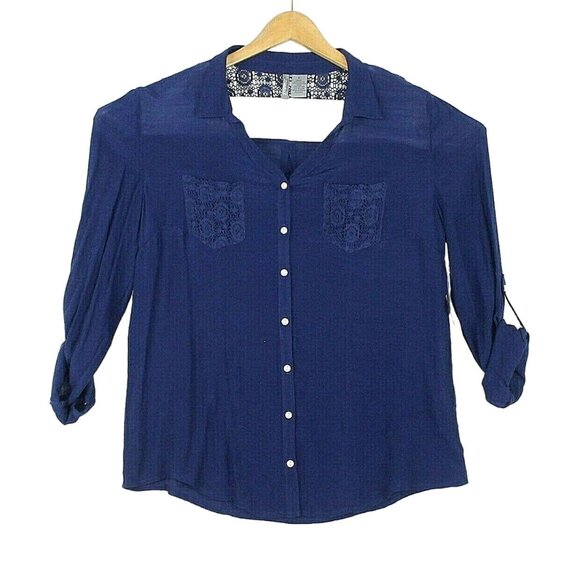 NWT New Directions Womens L Blue Button Up Blouse Lace Back Boho Coastal - Picture 1 of 10
